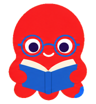 Horacio, el pulpo rojo con lentes, leyendo un libro